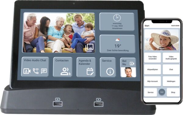 PRIFORA Senioren Tablet met gratis Prifora App, 10.1 inch beeldscherm en Basis Station voor automatisch opladen. Eenvoudig en veilig bedienen van Diashow en Afspeellijsten,Videobellen, Audiobellen en Chat, Agenda, Kalender, Klok en Weerstation. (8719325316896)