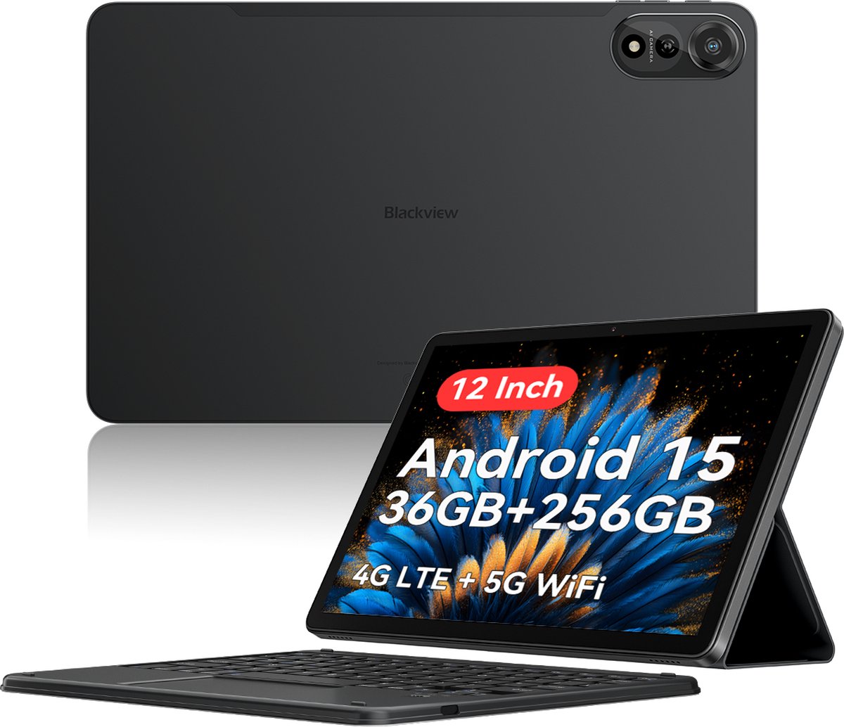 Blackview Mega 2 Android 15 Tablet met toetsenbord - 4G LTE+WiFi 12 Inch 36(12+24)GB+256GB Widevine L1 9000mAh -Grijs (0810175519128)