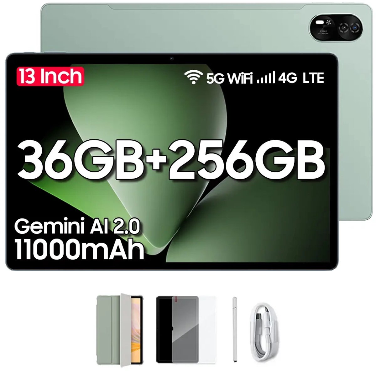 Blackview MEGA 8 Android 15 Tablet 13 inch - 36GB+256GB 4G LTE+5G WiFi Gaming Tablet - 11000mAh Accu - WideVine L1 - 50MP+2MP+13MP Camera - Met Stylus en Beschermhoes -Groen (6931548319757)