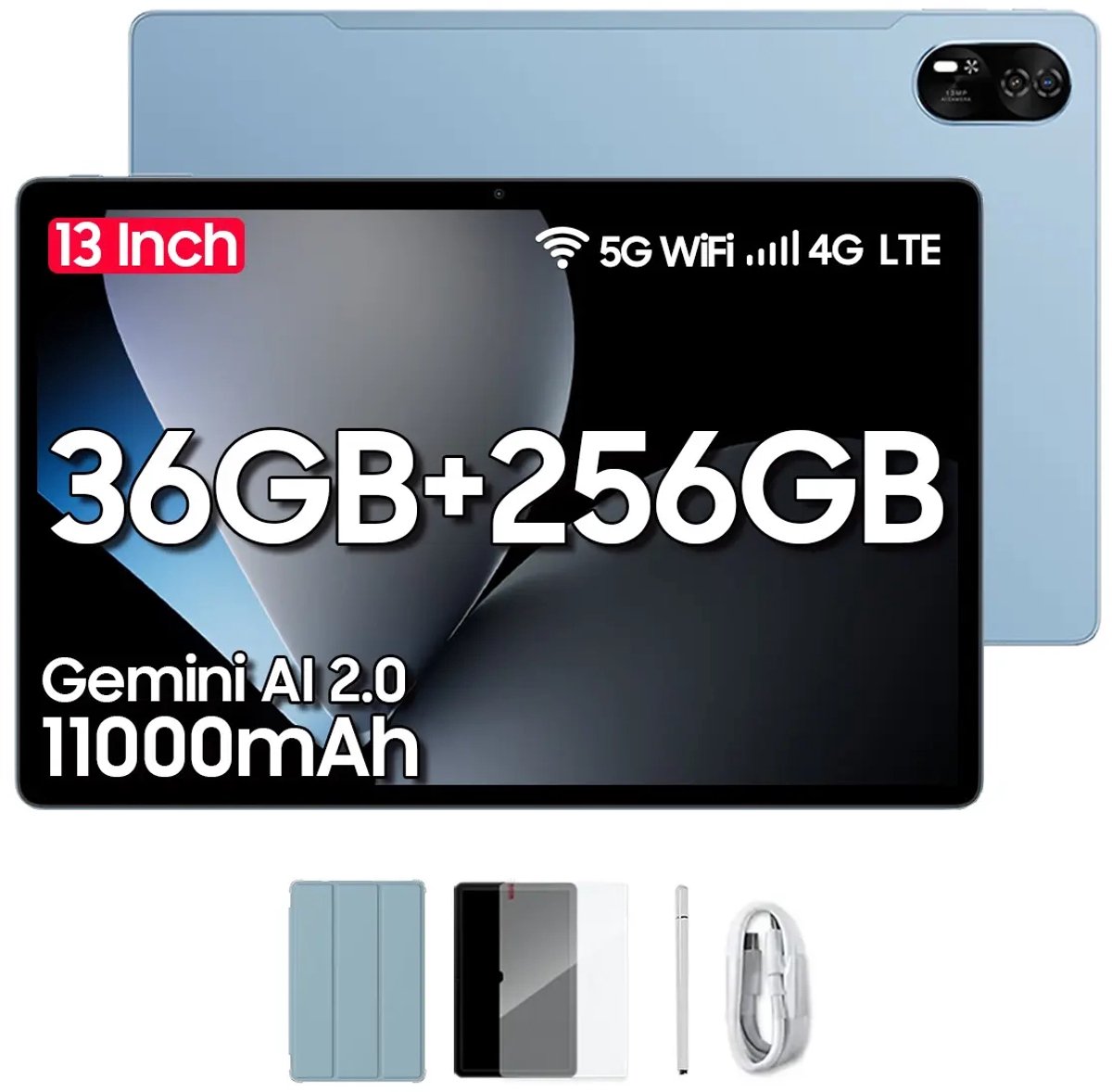 Blackview MEGA 8 Android 15 Tablet 13 inch - 36GB+256GB 4G LTE+5G WiFi Gaming Tablet - 11000mAh Accu - WideVine L1 - 50MP+2MP+13MP Camera - Met Stylus en Beschermhoes -Blauw (6931548319597)