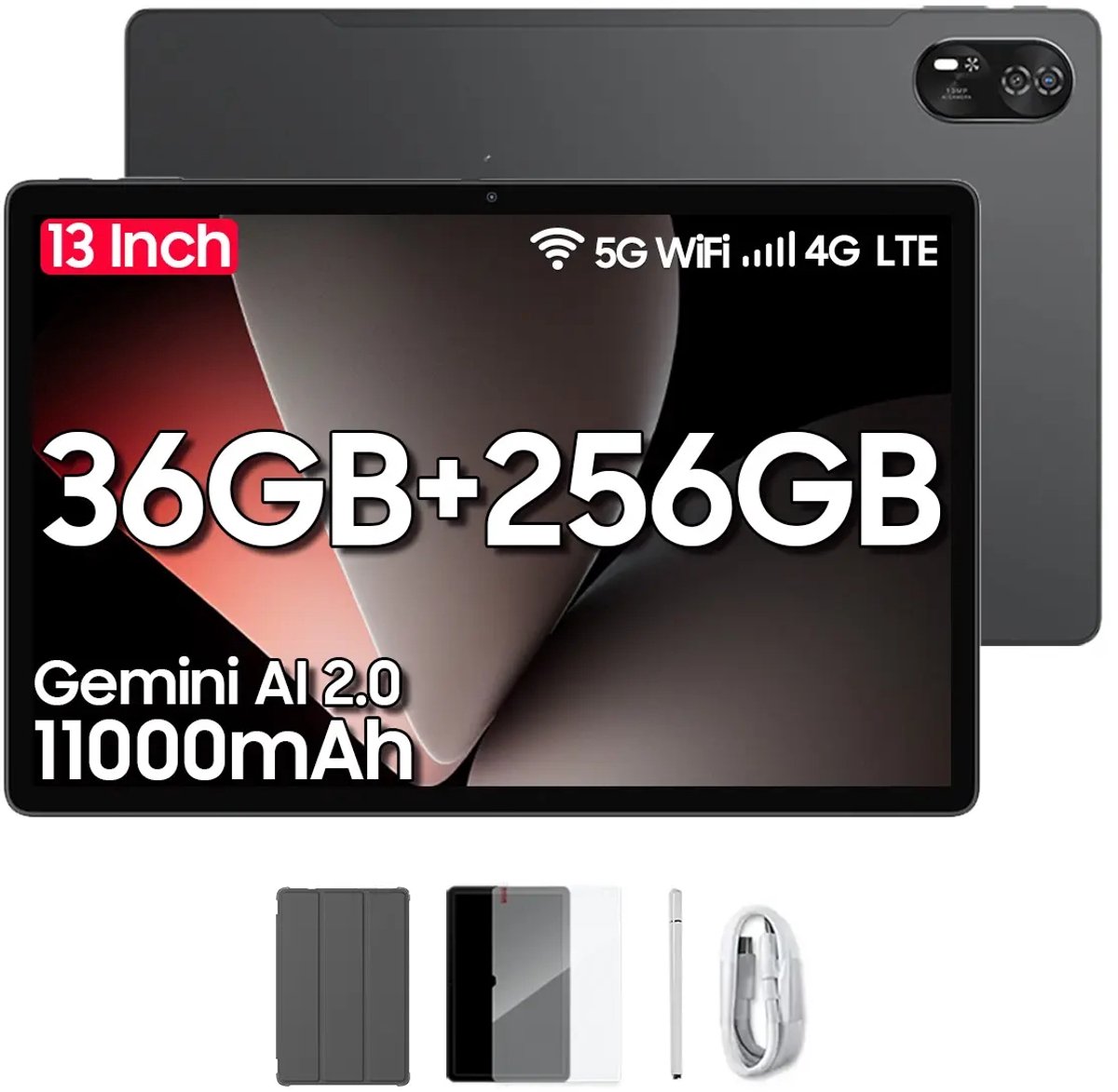 Blackview MEGA 8 Android 15 Tablet 13 inch - 36GB+256GB 4G LTE+5G WiFi Gaming Tablet - 11000mAh Accu - WideVine L1 - 50MP+2MP+13MP Camera - Met Stylus en Beschermhoes -Grijs (6931548319580)