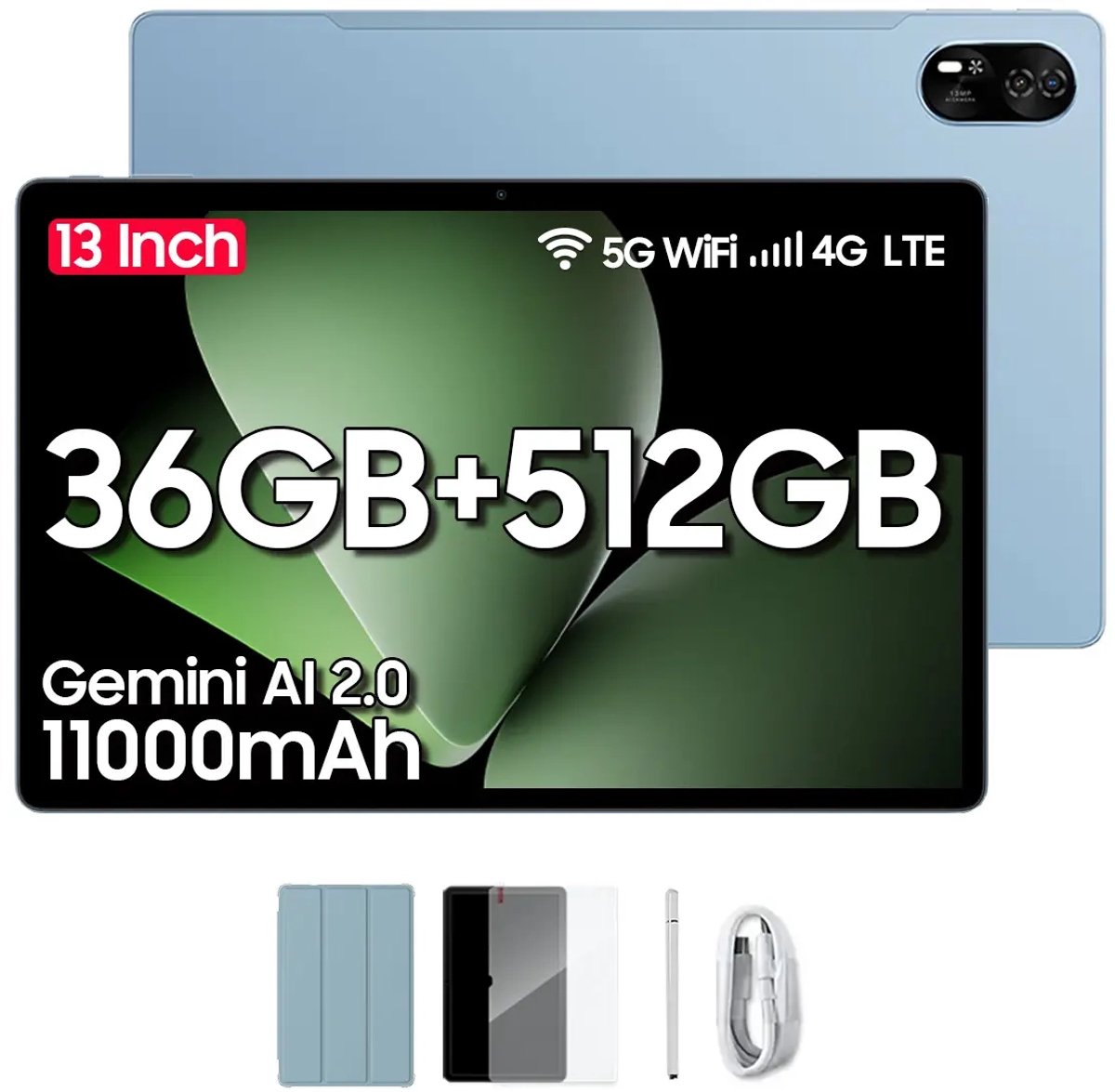 Blackview MEGA 8 Android 15 Tablet 13 inch - 36GB+512GB 4G LTE+5G WiFi Gaming Tablet - 11000mAh Accu - WideVine L1 - 50MP+2MP+13MP Camera - Met Stylus en Beschermhoes -Blauw (6931548319610)