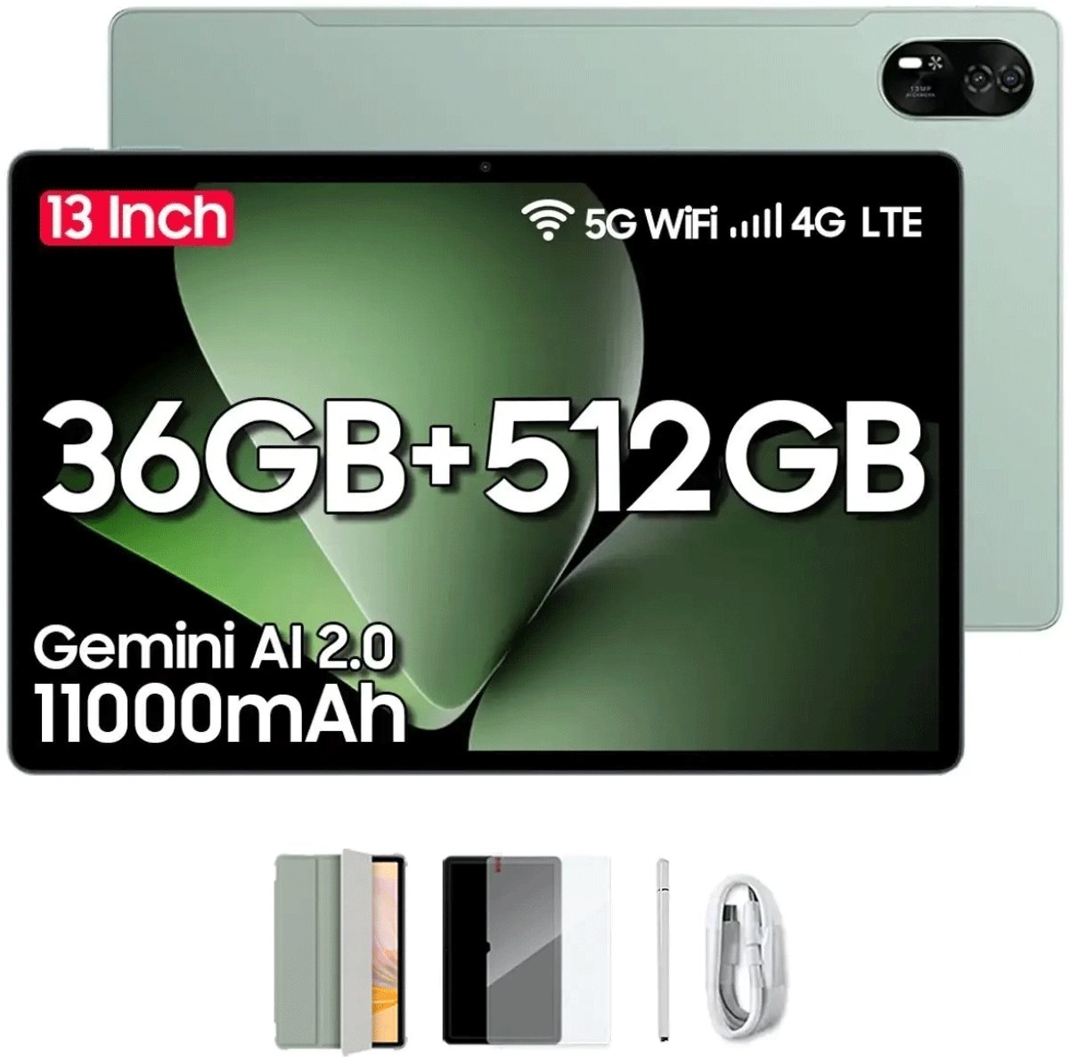 Blackview MEGA 8 Android 15 Tablet 13 inch - 36GB+512GB 4G LTE+5G WiFi Gaming Tablet - 11000mAh Accu - WideVine L1 - 50MP+2MP+13MP Camera - Met Stylus en Beschermhoes -Groen (6931548319764)