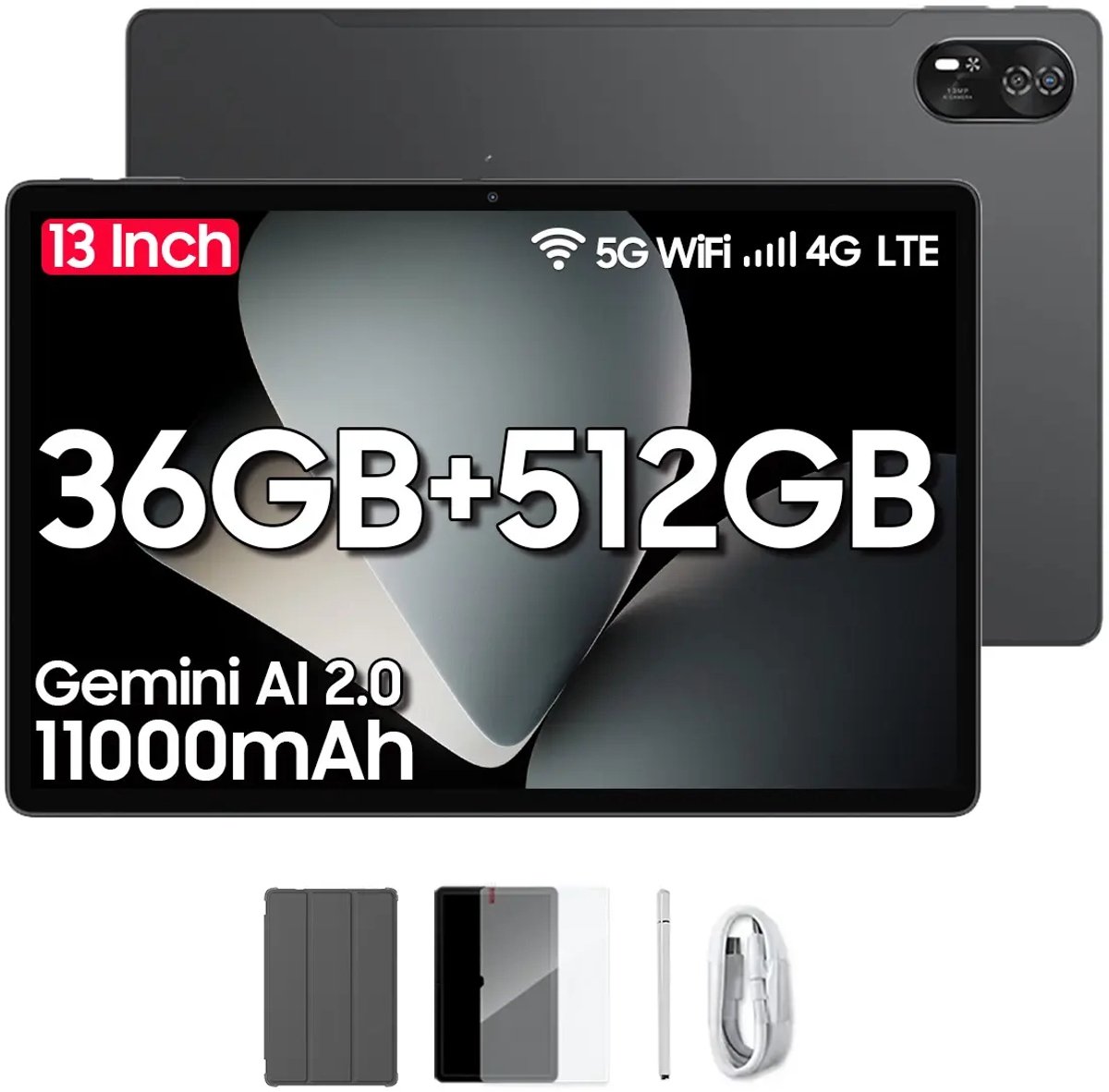 Blackview MEGA 8 Android 15 Tablet 13 inch - 36GB+512GB 4G LTE+5G WiFi Gaming Tablet - 11000mAh Accu - WideVine L1 - 50MP+2MP+13MP Camera - Met Stylus en Beschermhoes -Grijs (6931548319603)