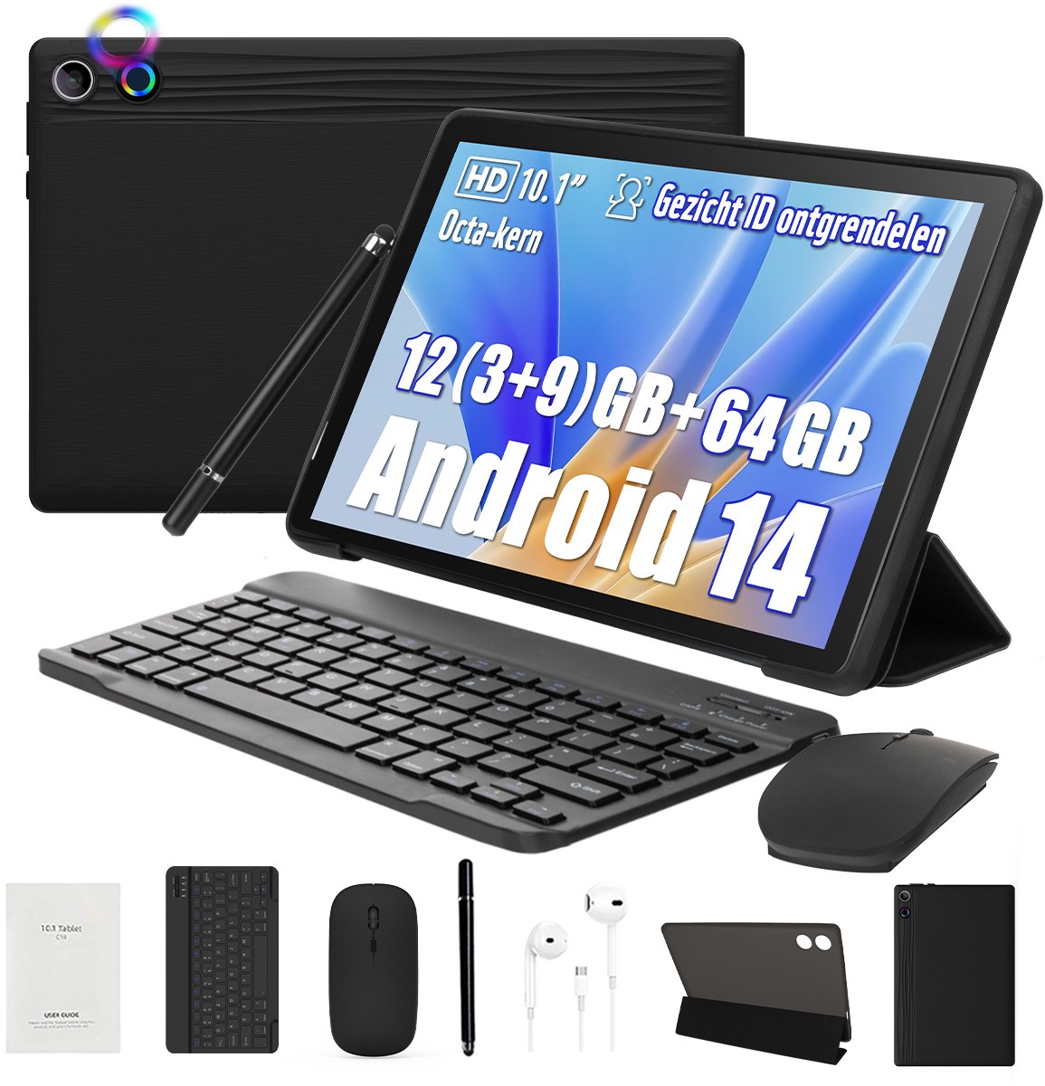 Hotlight A10L - Android 14 Tablet - 10.1 inch - 12(3+9)GB RAM/64GB ROM - Met Toetsenbord, Muis, Oordopjes & Bescherming - 5000mAh (6978044740159)