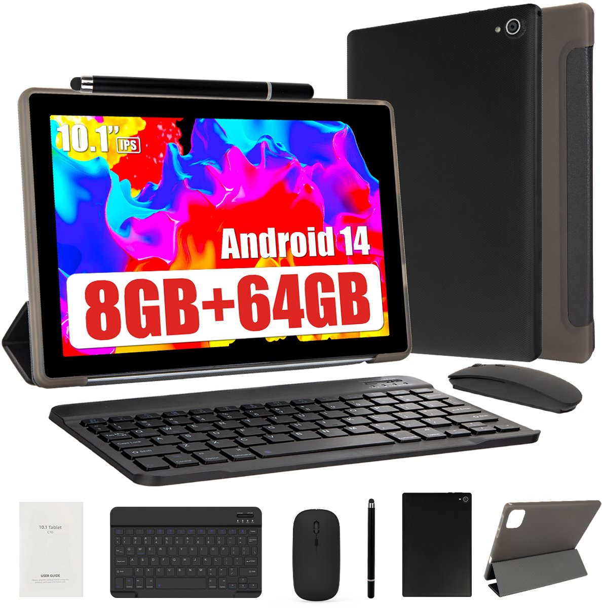 Hotlight C10L - Android 14 Tablet - 10.1 inch - 8(3+5)GB RAM/64GB ROM- 5000mAh - Met Toetsenbord, Muis& Bescherming - Zwart (0727640088068)