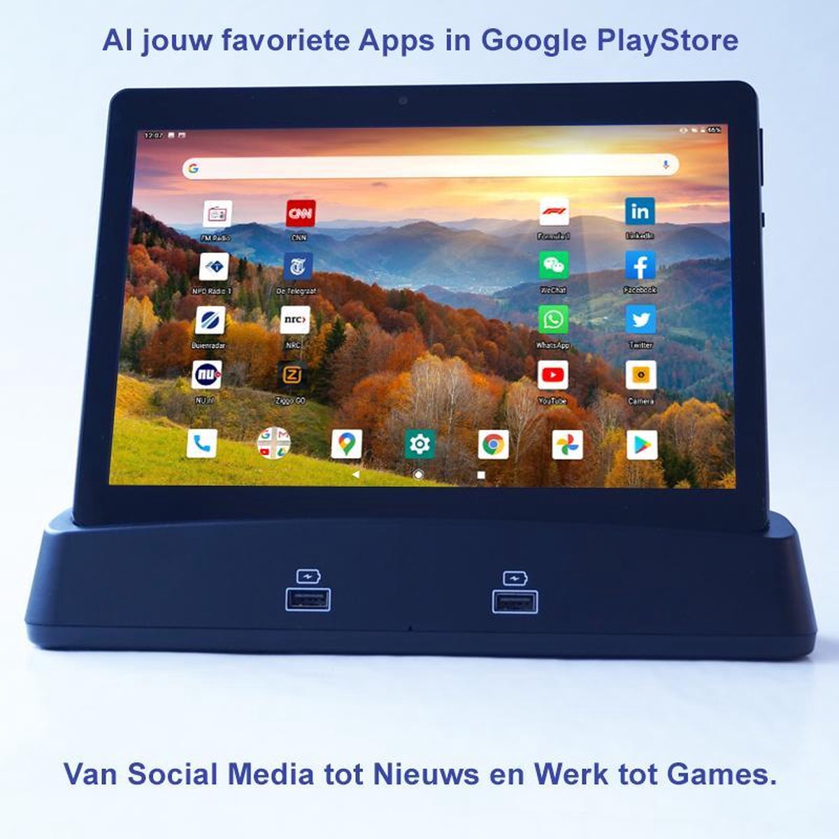 Bianca Tablet met Docking Station, 10 Inch IPS Hi Res LCD, Draadloos Opladen, Bluetooth, WiFi+SIM, 4G, Beeldbellen,Hi-Res Camera, GPS Navigatie, Micro SD kaart, 64 bit OctaCore Processor, Extra 2 USB poorten en Speakers in Docking Station, Android OS (8719325316827)