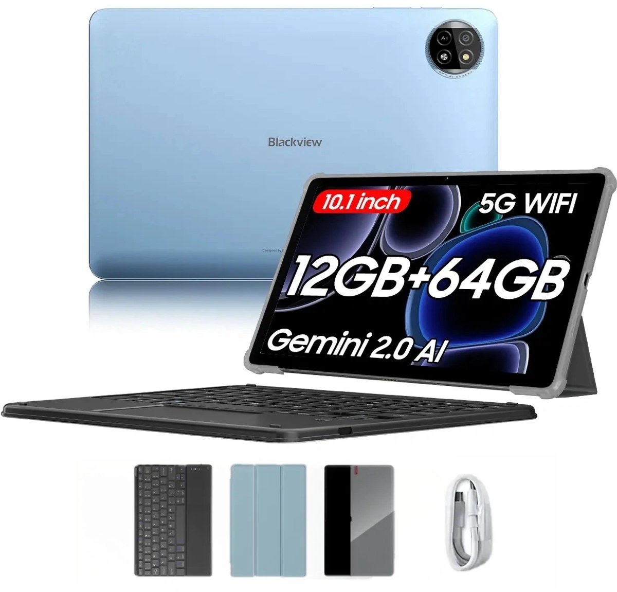Blackview Tab 20 WiFi Tablet - Met Toetsenbord - 10 inch - 12GB RAM - 64GB ROM - Android 15 - 6600mAh - OTG - FM - Blauw (0810175519487)
