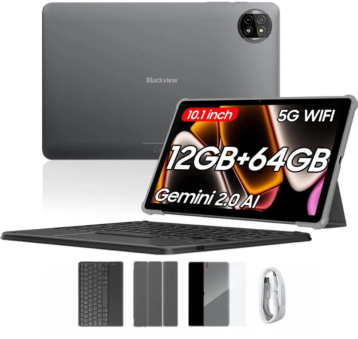 Blackview Tab 20 WiFi Tablet - Met Toetsenbord - 10 inch - 12GB RAM - 64GB ROM - Android 15 - 6600mAh - OTG - FM - Grijs (0810175519470)