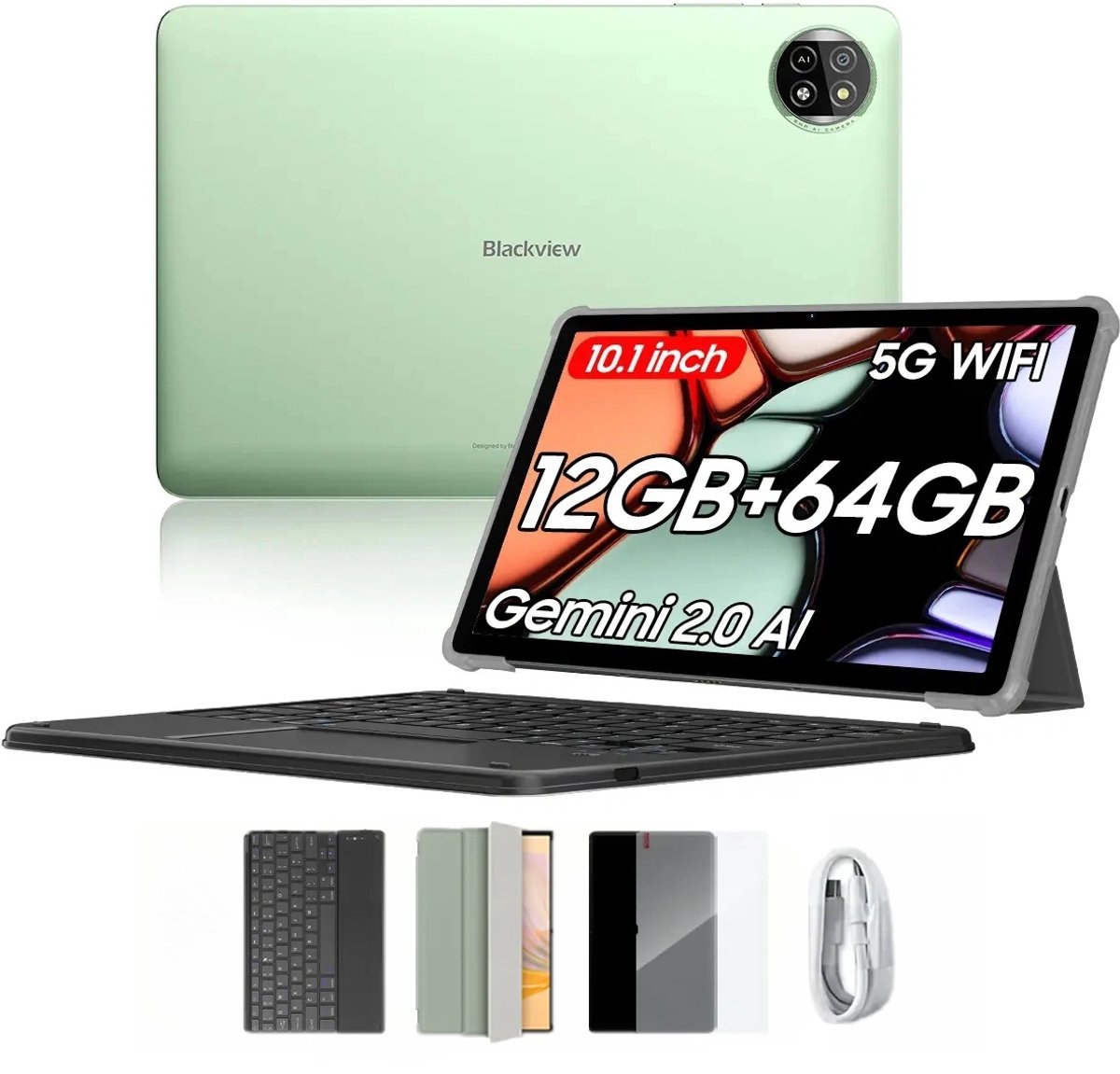 Blackview Tab 20 WiFi Tablet - Met Toetsenbord - 10 inch - 12GB RAM - 64GB ROM - Android 15 - 6600mAh - OTG - FM - Groen (0810175519494)