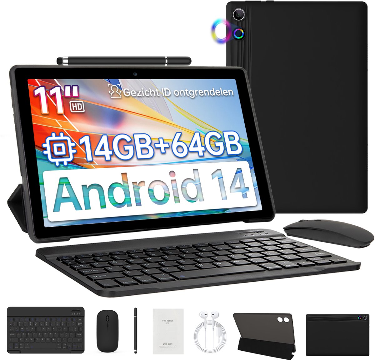 kotsren A7L - Android 14 Tablet - 11 inch - 14(3+11)GB RAM/64GB ROM- Met Toetsenbord, Muis, Oordopjes & Bescherming - Zwart (6978044740166)