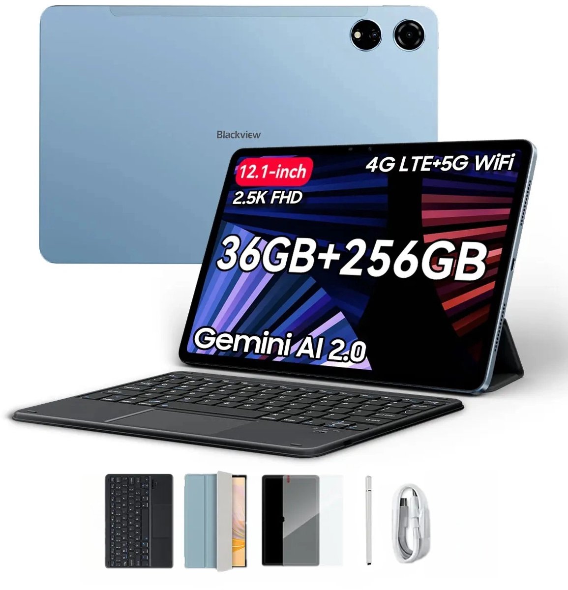 Blackview MEGA 3 Tablet - Android 15 - 12.1 Inch - 36GB RAM - 256GB ROM - Met Toetsenbord - Dual 4G LTE - 8800mAh - 13MP+50MP Camera - Blauw (0810175519463)