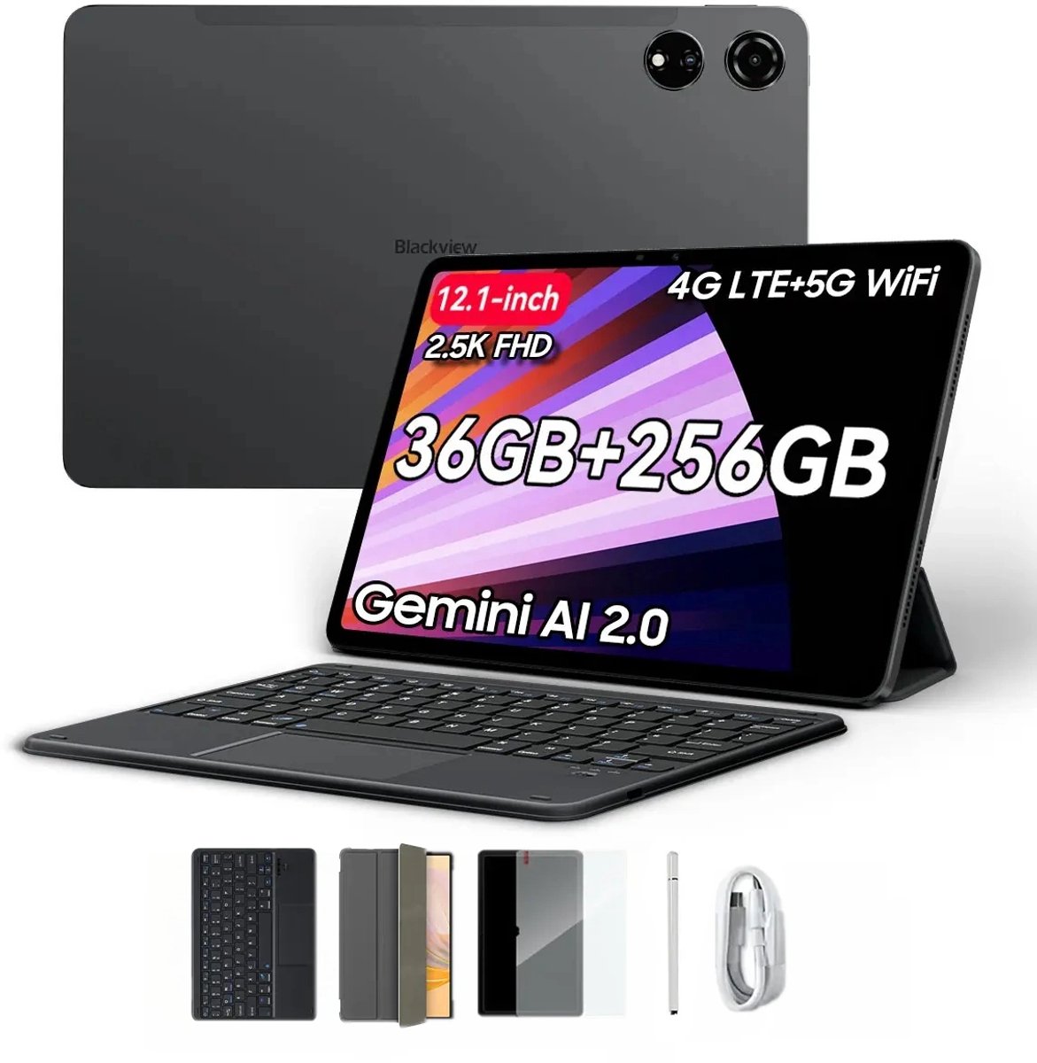 Blackview MEGA 3 Tablet - Android 15 - 12.1 Inch - 36GB RAM - 256GB ROM - Met Toetsenbord - Dual 4G LTE - 8800mAh - 13MP+50MP Camera - Grijs (0810175519456)