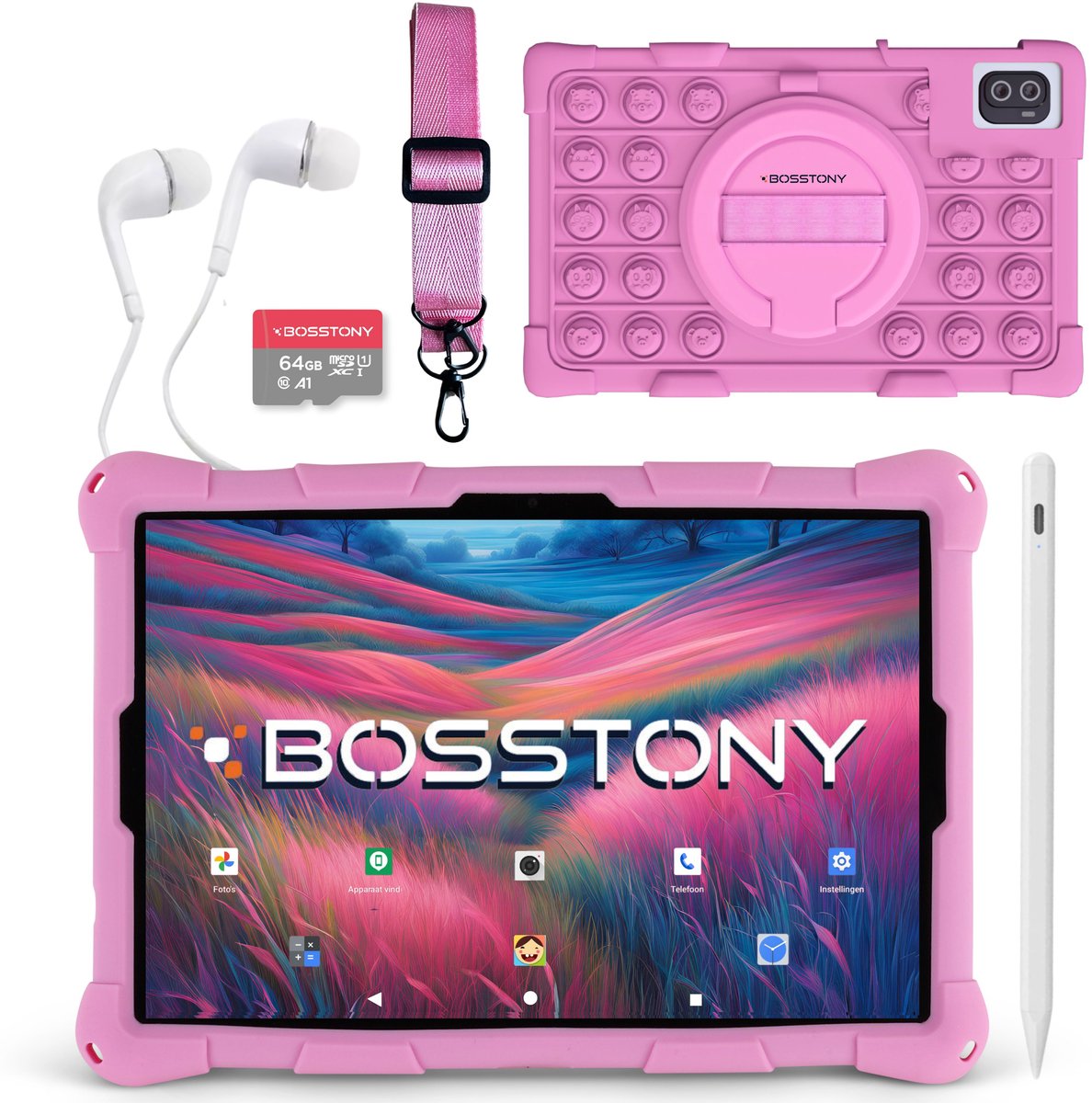 Bosstony Snelle Kids Tablet 10 inch - Ouderlijk Toezicht - 6000mAh Batterij - Android 13 - Incl Beschermpakket - Kindertablet vanaf 3 jaar (8720938047626)
