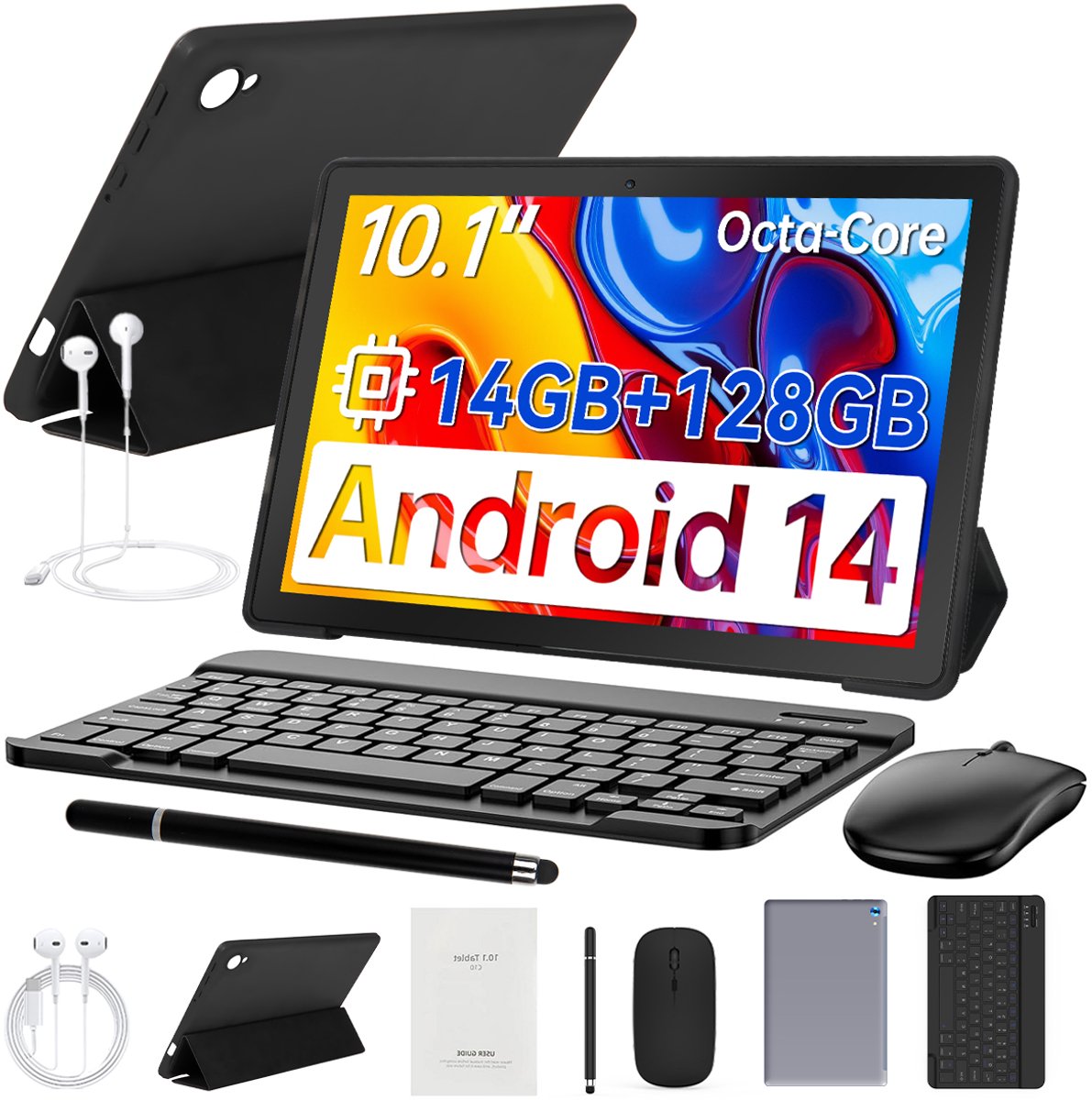 Hotlight C108 - Android 14 Tablet - 10.1 inch - 14(4+10)GB RAM/128GB ROM - Met Toetsenbord, Muis, Oordopjes & Bescherming - Grijs (6978044740197)