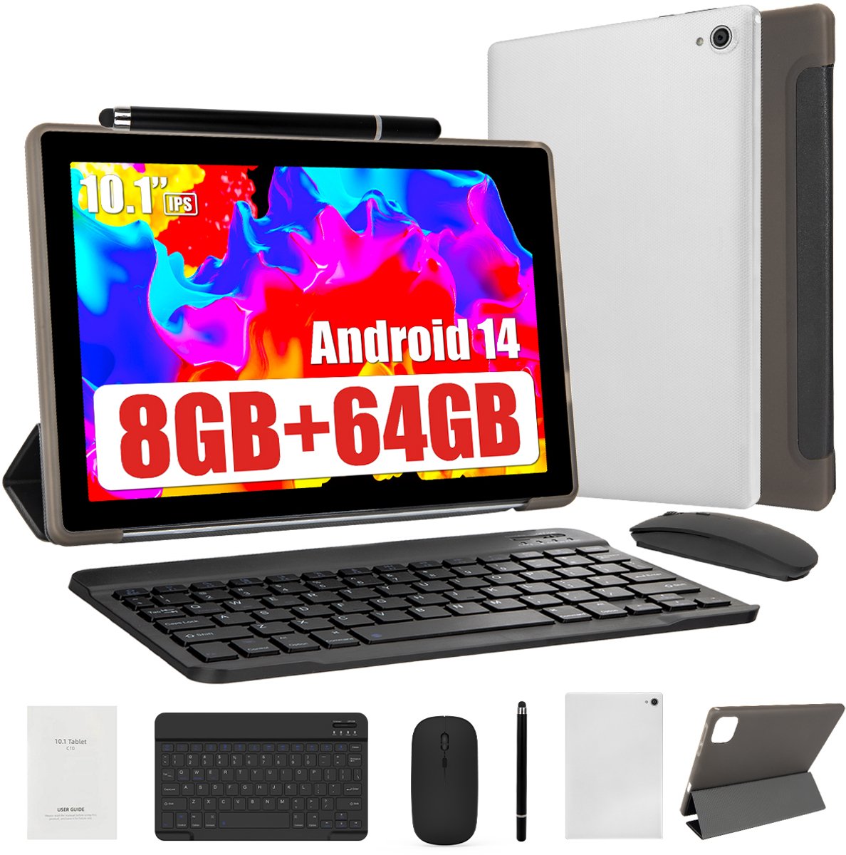 Hotlight C10L - Android 14 Tablet - 10.1 inch - 8(3+5)GB RAM/64GB ROM - 5000mAh - Met Toetsenbord, Muis& Bescherming - Wit (0727640088051)