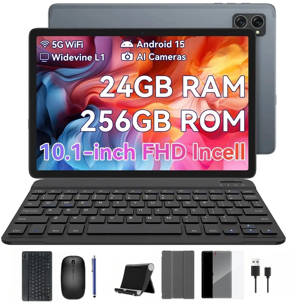 KINGRID Blackview T20 Tablet - 24GB RAM - 256GB ROM - Met Toetsenbord - Met Lederen Hoesje - Android 15 - 10.1 inch - 5000mAh - OTG - Grijs (6931548322689)