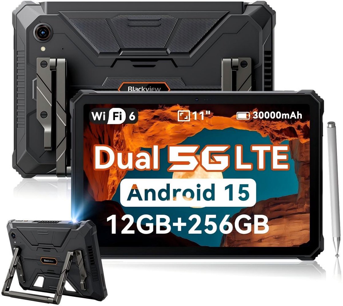 Blackview Active 12 Pro 5G Outdoor Tablet - 11 inch - 36 GB + 256 GB 30000 mAh 120 W snel opladen IP68 waterdicht 108 MP + 50 MP Dual SIM - Zwart (6931548322887)