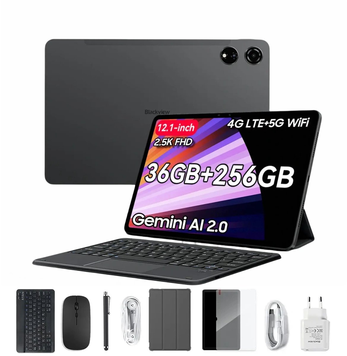 Blackview MEGA 3 Tablet Sets - Android 15 - 4G LTE+WiFi - 12.1 Inch - 36GB RAM - 256GB - Dual 4G LTE - 8800mAh - 13MP+50MP Camera - Grijs (6931548324805)