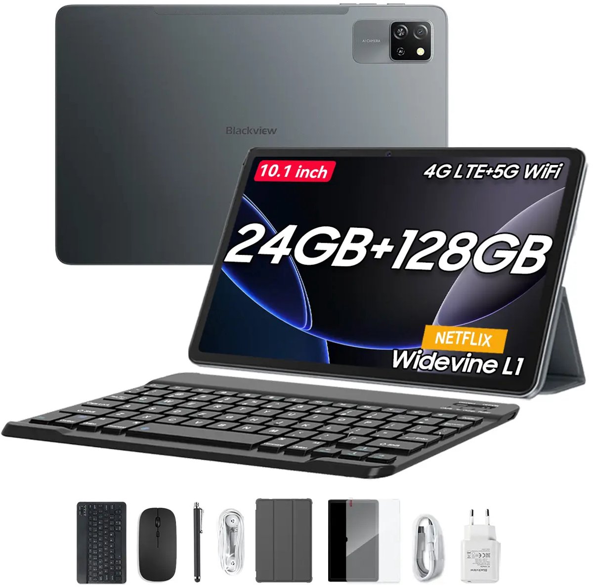 Blackview Tab 60 Pro Tablet Sets - 4G - 8GB RAM - 128GB - 10.1 inch - Android 14 - Unisoc T606 Octa core - Widevine L1 - Grijs (6931548322498)