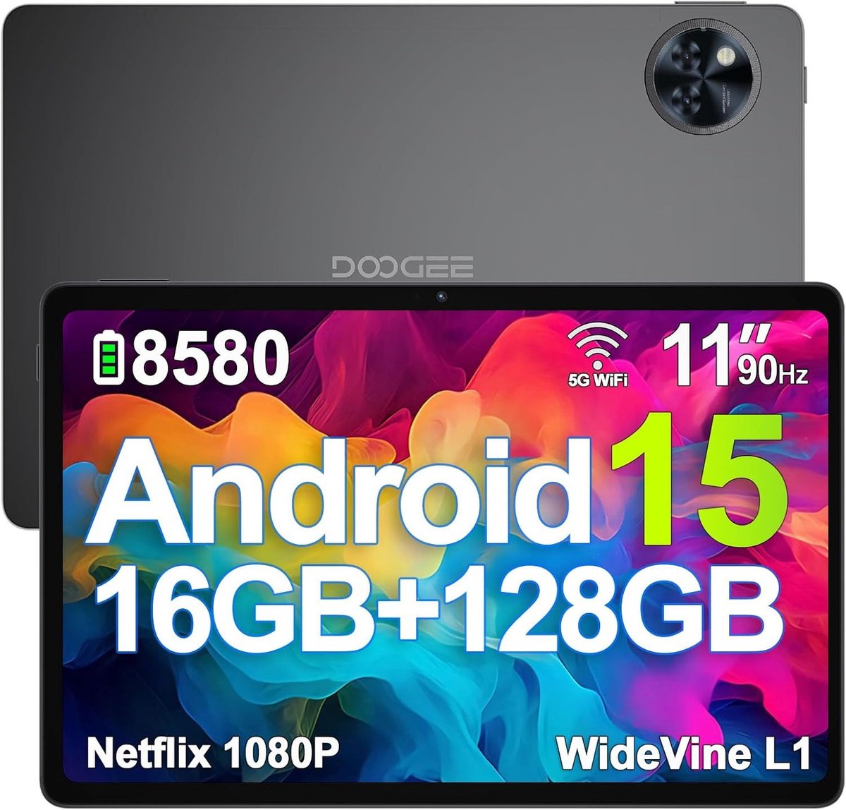 DOOGEE U11 Tablet Android 15 -11" 90 Hz Touchscreen -16 GB + 128 GB - 8580 mAh - Ondersteuning voor Face ID - Widevine L1 - zwart (9135688722072)