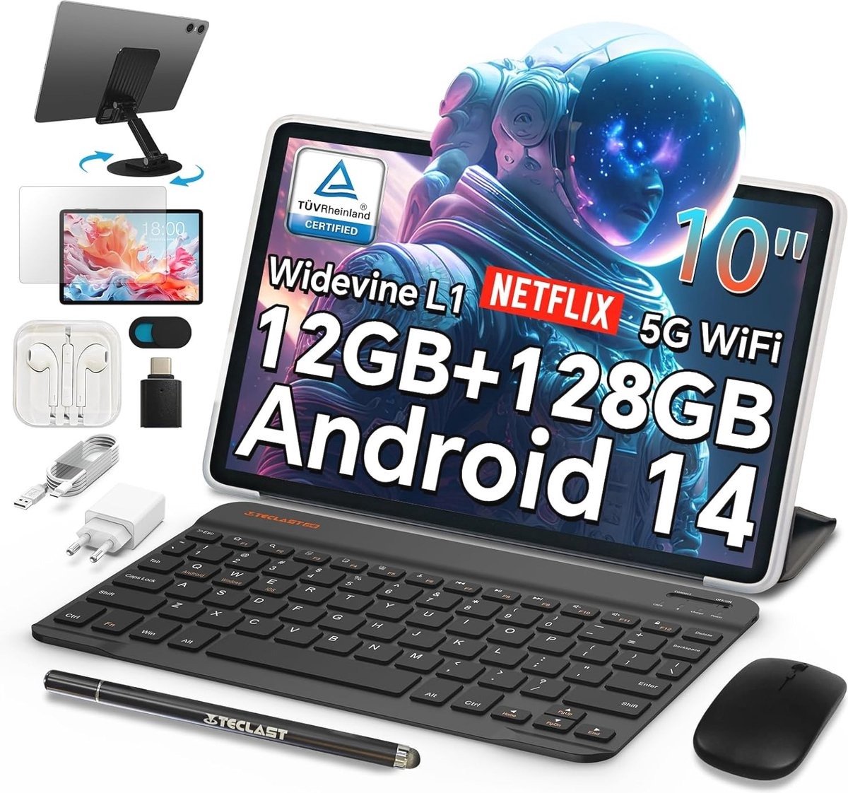 QPFO® Android 14 tablet 10.1 inch - 12GB RAM - 128GB opslag - octa-core processor - inclusief accessoires (6151800804818)