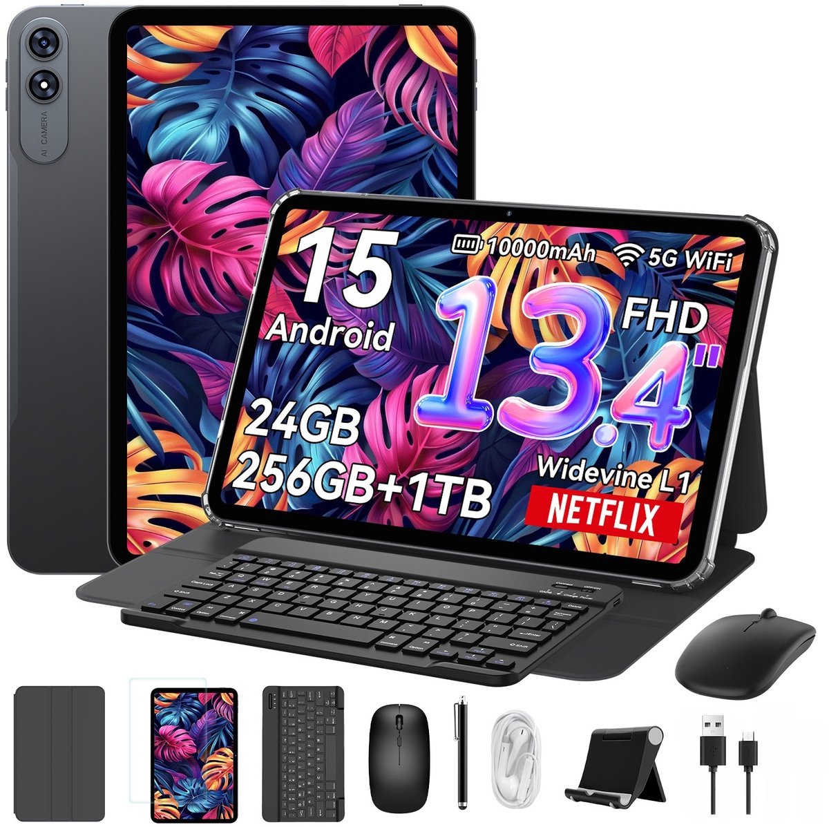 VekfulPC T60 Pro Tablet - 24GB RAM - 256GB ROM - 10000 mAh - 13.4 Inch FHD Tablet - Android 15 - SD 2TB - 5G WIFI - Grijs (0791966258627)