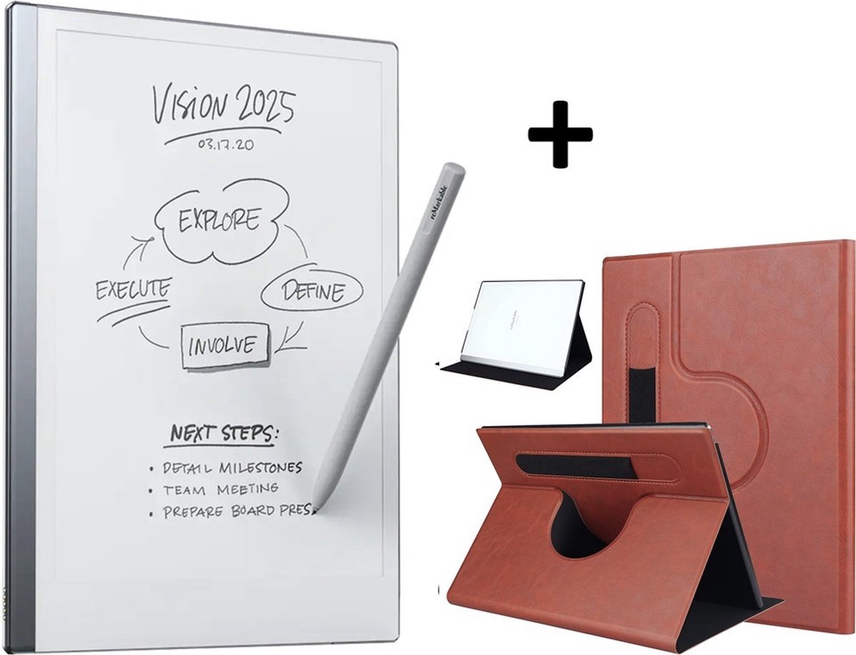 reMarkable 2 met Marker en Bruine Roterende PU Lederen Hoes (8717953046406)