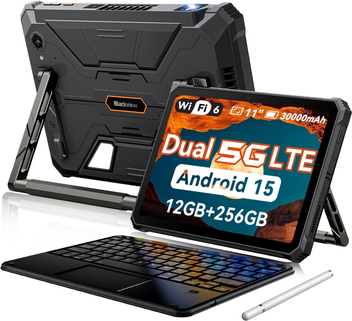 Blackview Active 12 Pro 5G Outdoor Tablet - 11 inch - 36 GB + 256 GB 30000 mAh - Met Toetsenbord(QWERTY) - 120 W snel opladen IP68 waterdicht 108 MP + 50 MP Dual SIM - Zwart (0810175519814)