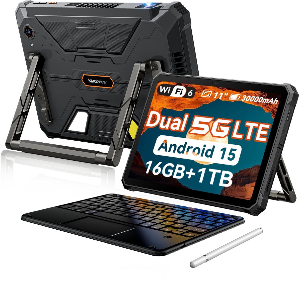 Blackview Active 12 Pro 5G Outdoor Tablet - 11 inch - 48 GB + 1 TB 30000 mAh - Met Toetsenbord(QWERTY) - 120 W snel opladen IP68 waterdicht 108 MP + 50 MP dual sim - Zwart (0810201777454)