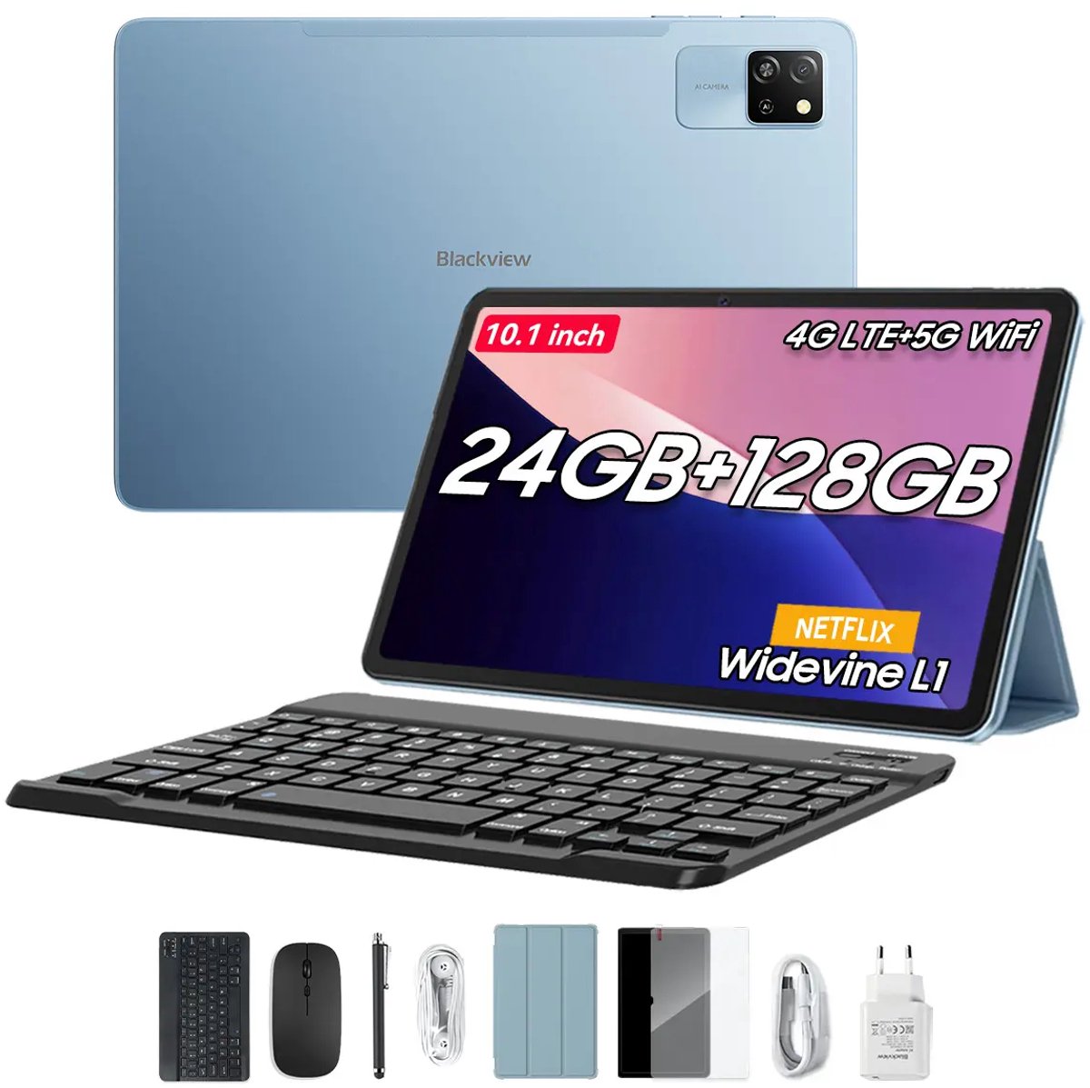 Blackview Tab 60 Pro Tablet Sets - 4G - 8GB RAM - 128GB - 10.1 inch - Android 14 - Unisoc T606 Octa core - Widevine L1 - Blauw (6931548322504)