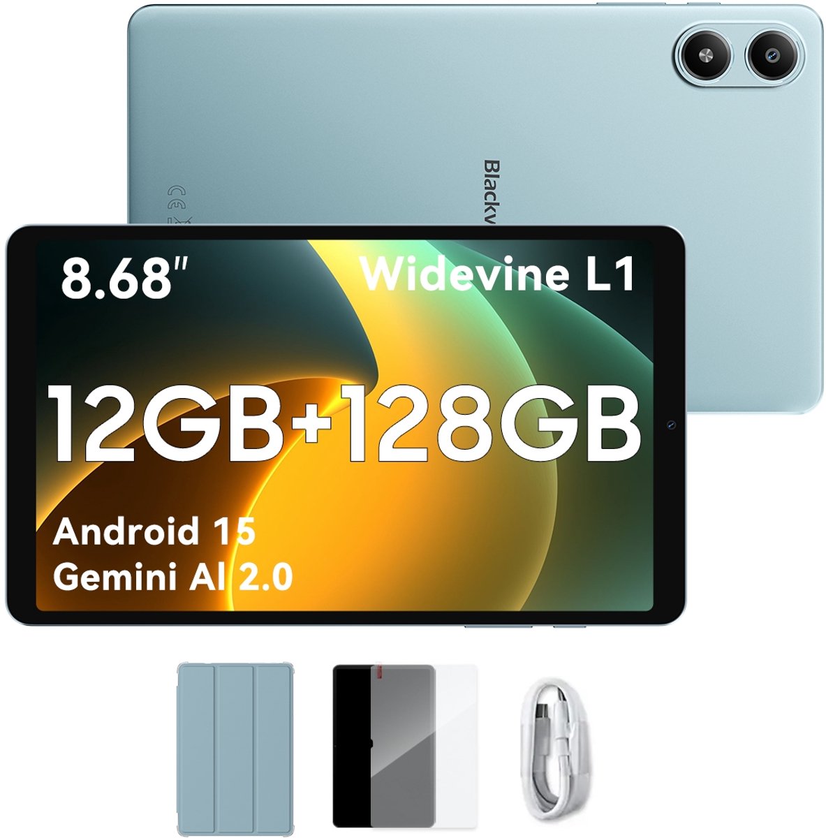 Blackview Tablet - LINK 2 Tablet - 12 GB RAM - 128 GB ROM - 1080P Full HD-video - 8.68 inch - MediaTek Hallo G100 - 5000 mAh - Android 15 - Octa Core - Blauw (6931548324447)