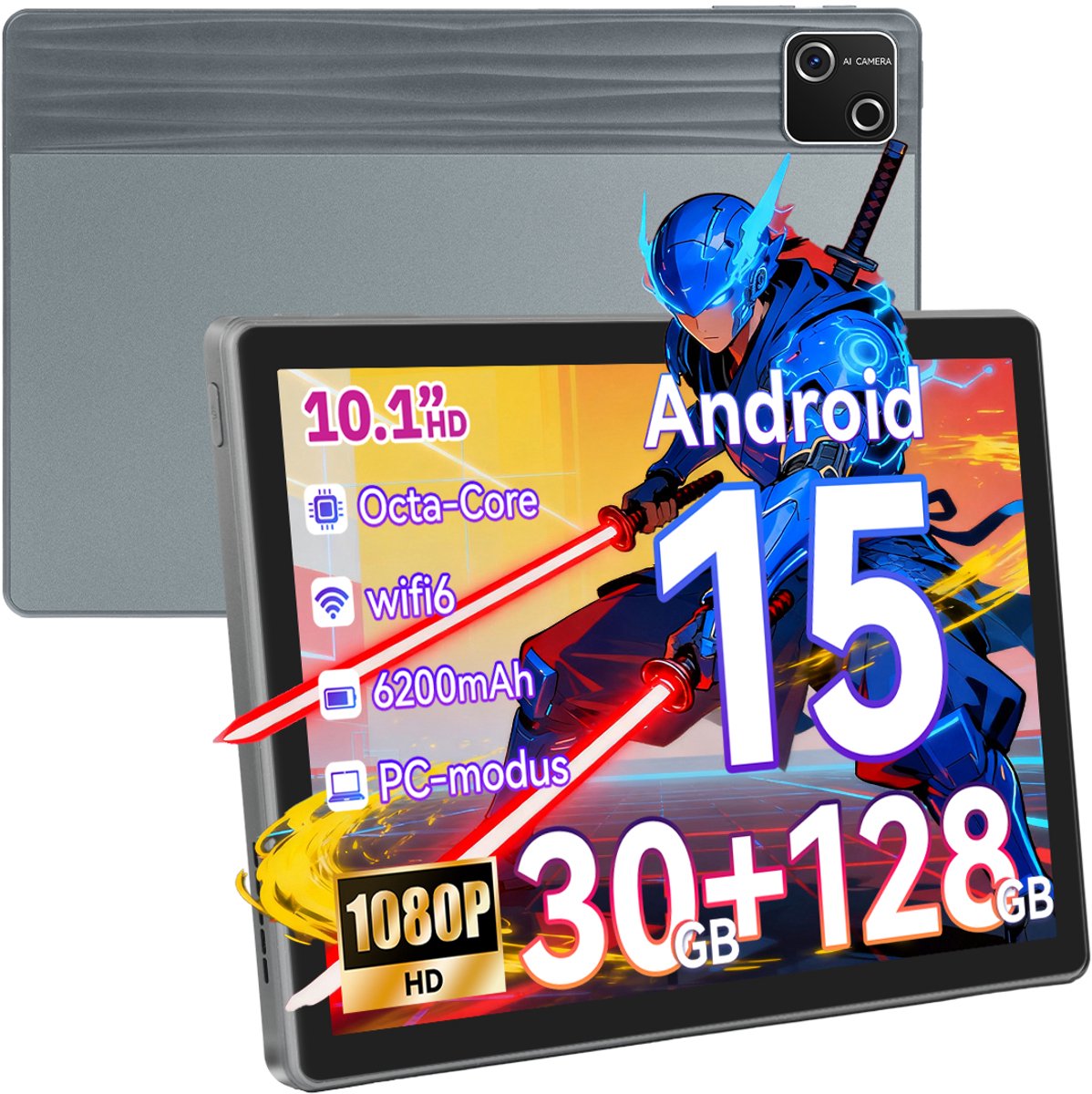 Hotlight G13 - Android 15 Tablet - 10.1 inch - 30(6+24)GB RAM/128GB ROM- 6200mAh - WiFi 6- 5MP+8MP Camera - Grijs (6978044740388)