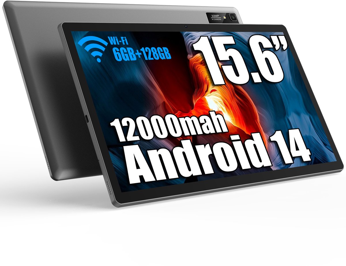 MESWAO 15,6 inch Android 14-tablet, MES-B3 Grote tablets met IPS-scherm, Helio G99 Octa-Core, 6 GB RAM + 128 GB ROM (1 TB TF) tablet, 12000 mAh, BT5.0, 2,4 G/5 G wifi, 32 MP camera (5410499779793)