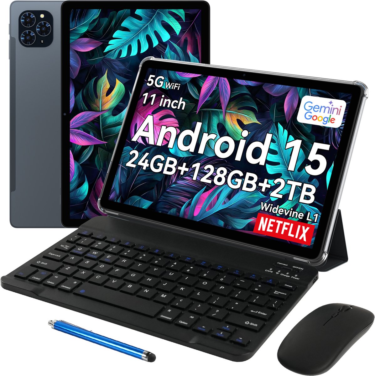 Zenva Tablet T90 - 8000 mAh - Gemini AI - 11 Inch - 24GB RAM - 128GB ROM - Met Toetsenbord(QWERTY) - Hoes - Stylus - Muis - Android 15 - Touchscreen tablet - Grijs (6931548319832)