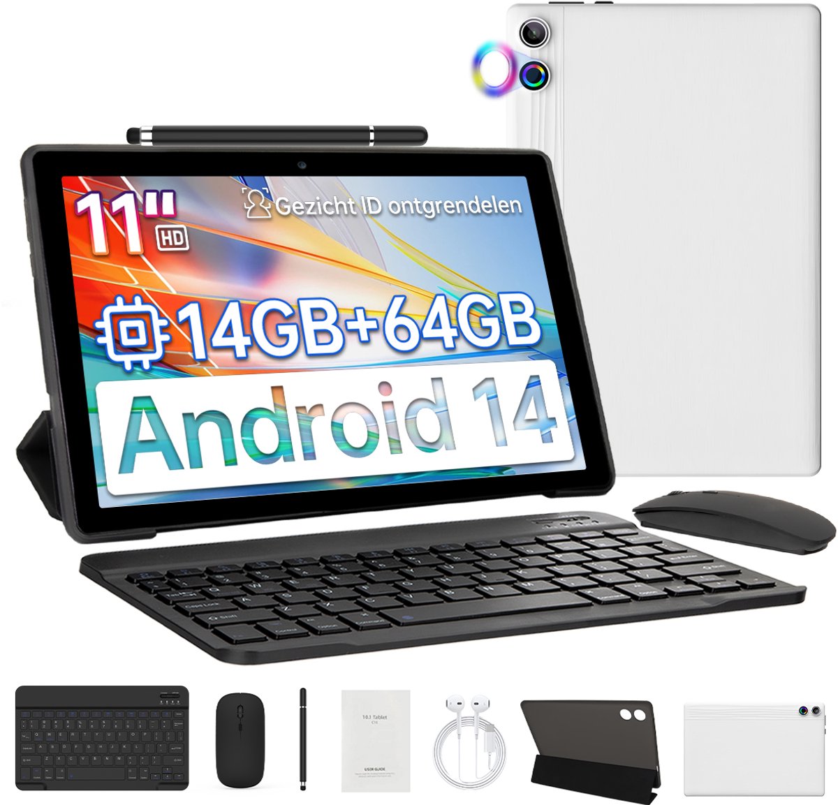 kotsren A7L - Android 14 Tablet - 11 inch - 14(3+11)GB RAM/64GB ROM- Met Toetsenbord, Muis, Oordopjes & Bescherming - Wit (6978044740173)