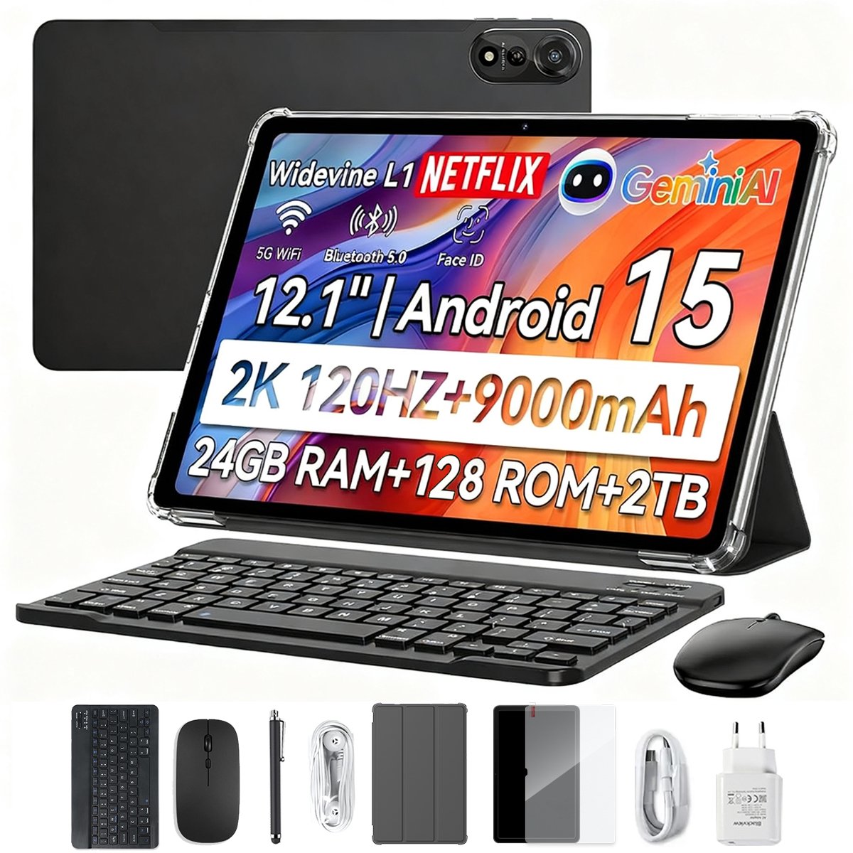 Blackview MEGA 2 Tablet Sets - 4G LTE+WiFi - 12 Inch - 24GB RAM - 128GB - Met Toetsenbord(QWERTY), Beschermhoes, Muis, Stylus - Android 15 - Widevine L1 - 9000mAh - Grijs (6931548325413)