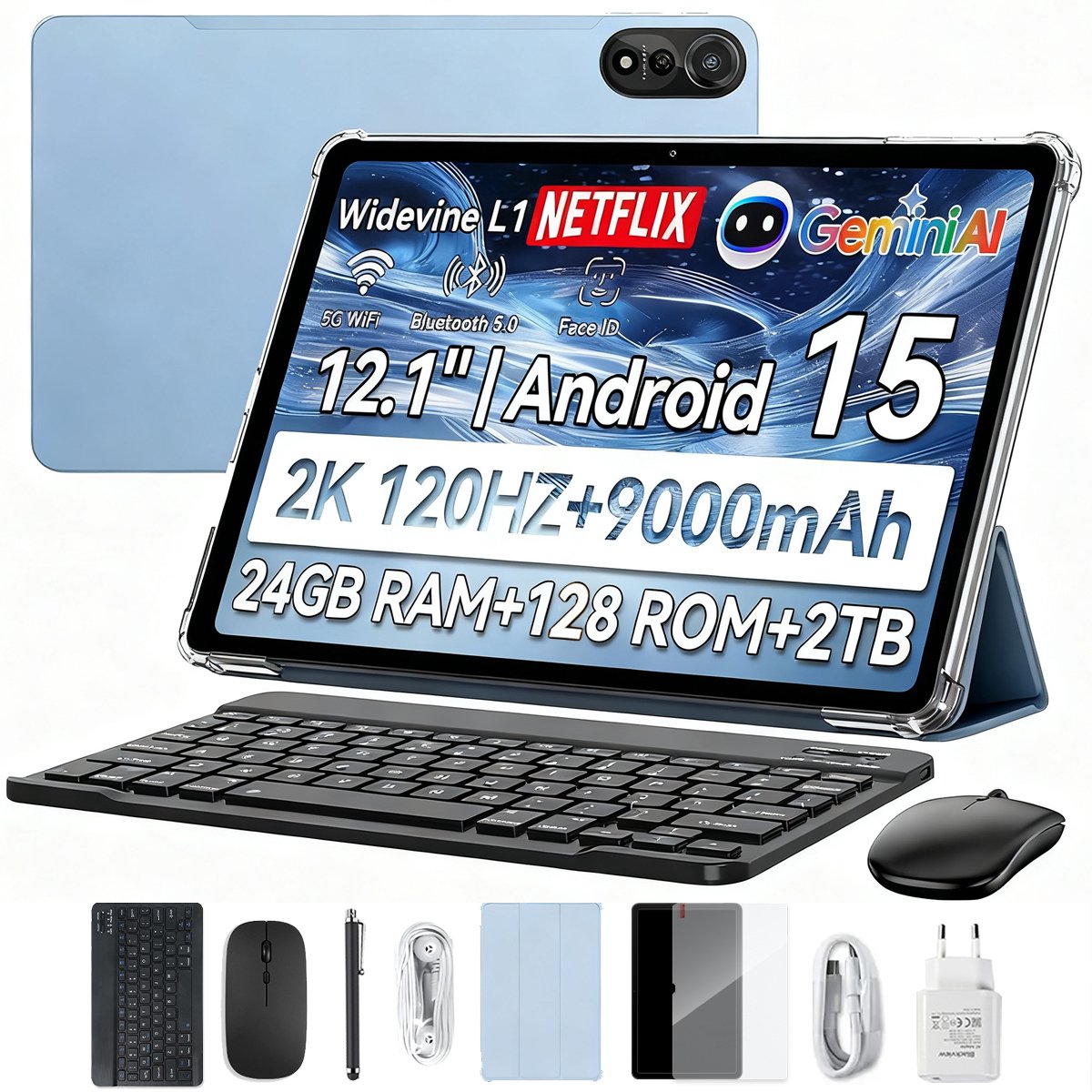 Blackview MEGA 2 Tablet Sets - 4G LTE+WiFi - 12 Inch - 24GB RAM - 128GB - Met Toetsenbord(QWERTY), Beschermhoes, Muis, Stylus - Android 15 - Widevine L1 - 9000mAh - Blauw (6931548325420)