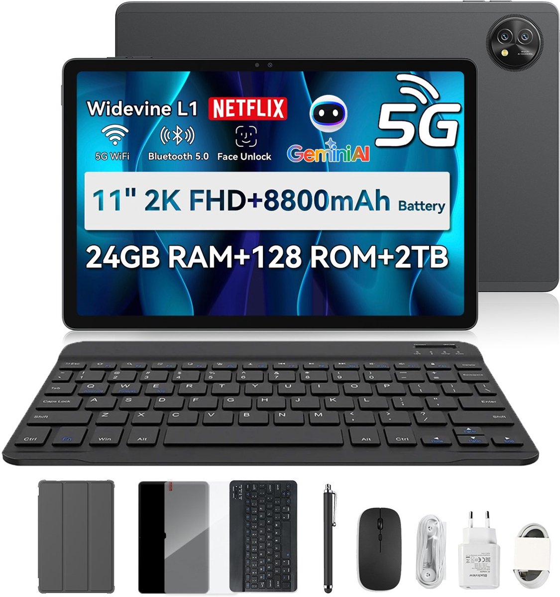 Blackview ZENO 10 Tablet - 24GB RAM+128 GB ROM - 11 inch - 8800mAh - 5G - Met Toetsenbord(QWERTY), Beschermhoes, Muis, Stylus - Android 15 Tablet - WiFi 5 - GPS - Zwart (6931548324942)