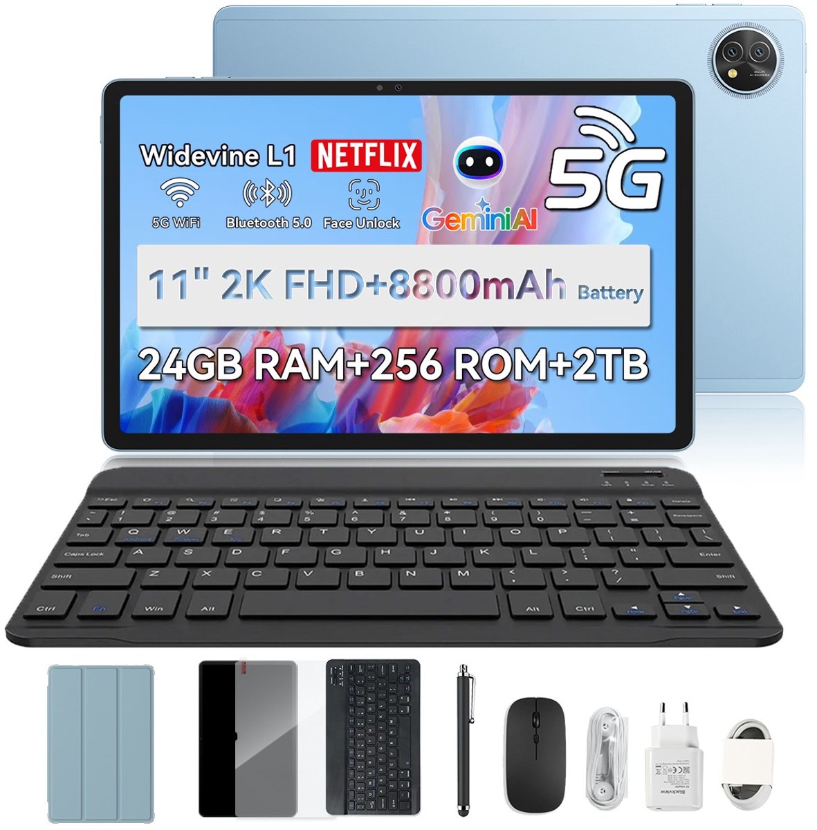 Blackview ZENO 10 Tablet - 24GB RAM+256 GB ROM - 11 inch - 8800mAh - 5G - Met Toetsenbord(QWERTY), Beschermhoes, Muis, Stylus - Android 15 Tablet - WiFi 5 - GPS - Blauw (6931548324980)