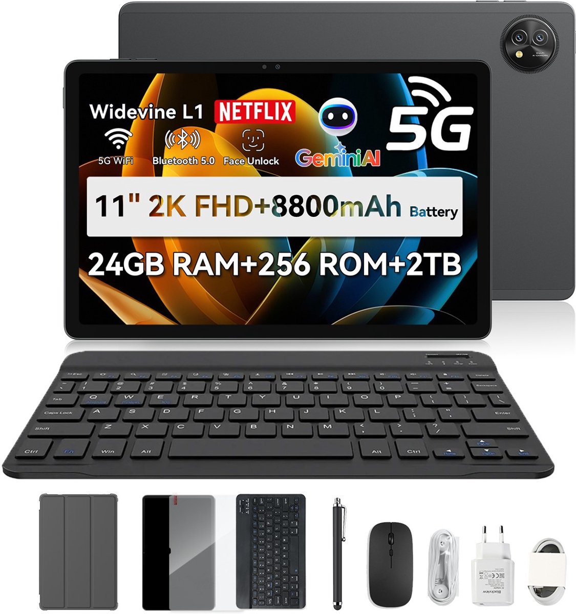 Blackview ZENO 10 Tablet - 24GB RAM+256 GB ROM - 11 inch - 8800mAh - 5G - Met Toetsenbord(QWERTY), Beschermhoes, Muis, Stylus - Android 15 Tablet - WiFi 5 - GPS - Zwart (6931548324973)