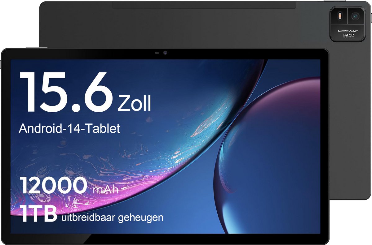 MESWAO 15,6 inch Tablet, 2025 Nieuw Groot Tablet met 30W Snelladen, Helio G99 Octa-Core, 8GB RAM + 256GB ROM (1TB TF), Android 14, 12000mAh, WiFi, 32MP Camera, MES-B3 Pro (5410499780676)