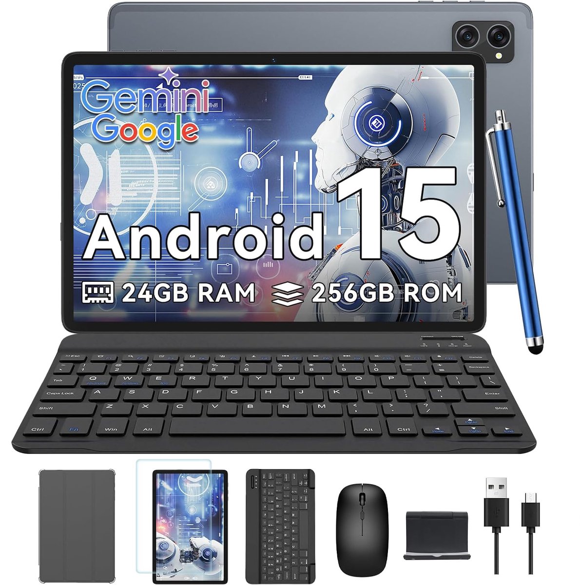 VekfulPC Tablet - T20 Tablet - 24GB RAM - 256GB ROM - 5000mAh - 10.1 Inch - 5G WiFi - AI Gemini 2.0 - Android 15 - Met Toetsenbord - Hoes - Stylus - Muis - Grijs (6931548322696)