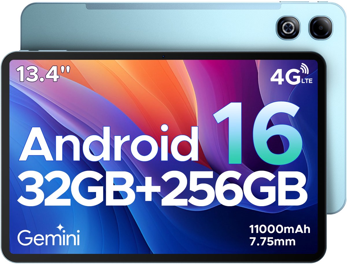 DOOGEE TAB G6 MAX - Android 16-tablet - 4G LTE - 13,4-inch FHD+ 90Hz IPS - 11000mAh/18W - 32GB ROM + 256GB RAM/2TB TF - Octa-core gamingtablet - 5G Wi-Fi - Widevine L1 - Face ID - OTG - Dubbele luidsprekers (6923740289969)