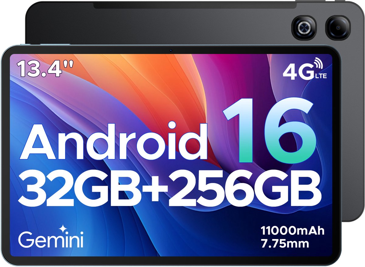 DOOGEE TAB G6 MAX - Android 16-tablet - 4G LTE - 13,4-inch FHD+ 90Hz IPS - 11000mAh/18W - 32GB ROM + 256GB RAM/2TB TF - Octa-core gamingtablet - 5G Wi-Fi - Widevine L1 - Face ID - OTG - Dubbele luidsprekers (6923740289945)