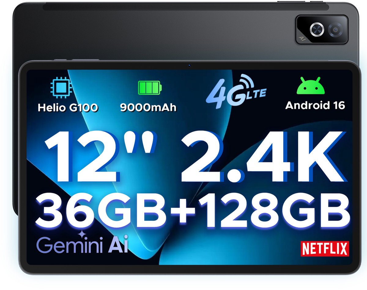 DOOGEE Tab G6 Pro - 12 inch tablet - 9000 mAh/18 W - 36 GB RAM + 128 GB ROM - Android 16 - Gemini AI - 2,4K 90 Hz IPS - Helio G100-chipset - 4G LTE - wifi - dubbele luidsprekers - Face ID (6923740287354)
