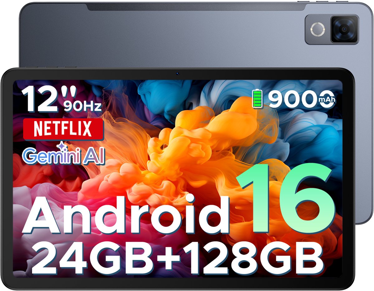DOOGEE Tablet U12-Android 16-Tablet 12 inch+90Hz-scherm -9000mAh/18W-Gemini AI-UNISOC T7255 Octa Core-Tablet PC-24GB RAM+128GB ROM (2 TB/TF)-13 MP+8 MP-7,8 mm ultradun-WiFi 5-Widevine L1-GPS-Face ID-OTG-FM (6923740285428)