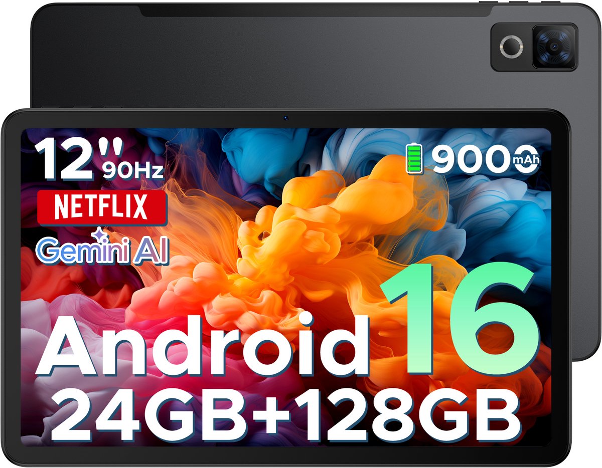 DOOGEE Tablet U12-Android 16-Tablet 12 inch+90Hz-scherm -9000mAh/18W-Gemini AI-UNISOC T7255 Octa Core-Tablet PC-24GB RAM+128GB ROM (2 TB/TF)-13 MP+8 MP-7,8 mm ultradun-WiFi 5-Widevine L1-GPS-Face ID-OTG-FM (6923740285404)