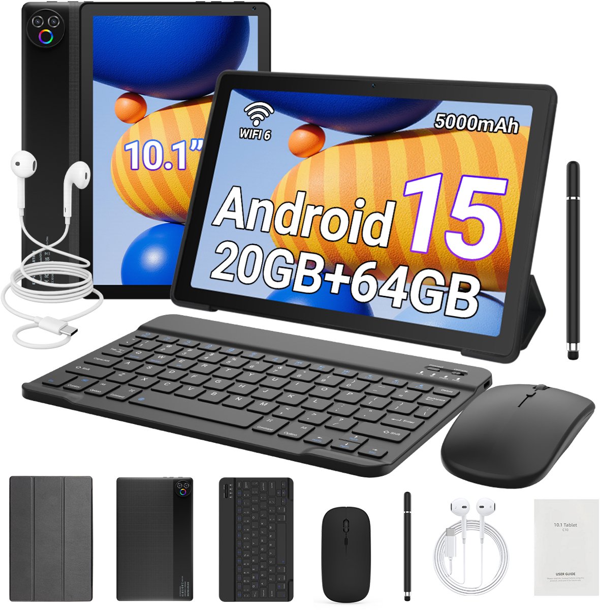 Hotlight KB1001L - Android 15 Tablet - 10.1 inch - 20(3+17)GB RAM/64GB ROM - Met Toetsenbord, Muis, Oordopjes & Bescherming - 5000mAh - Zwart (6978044740623)