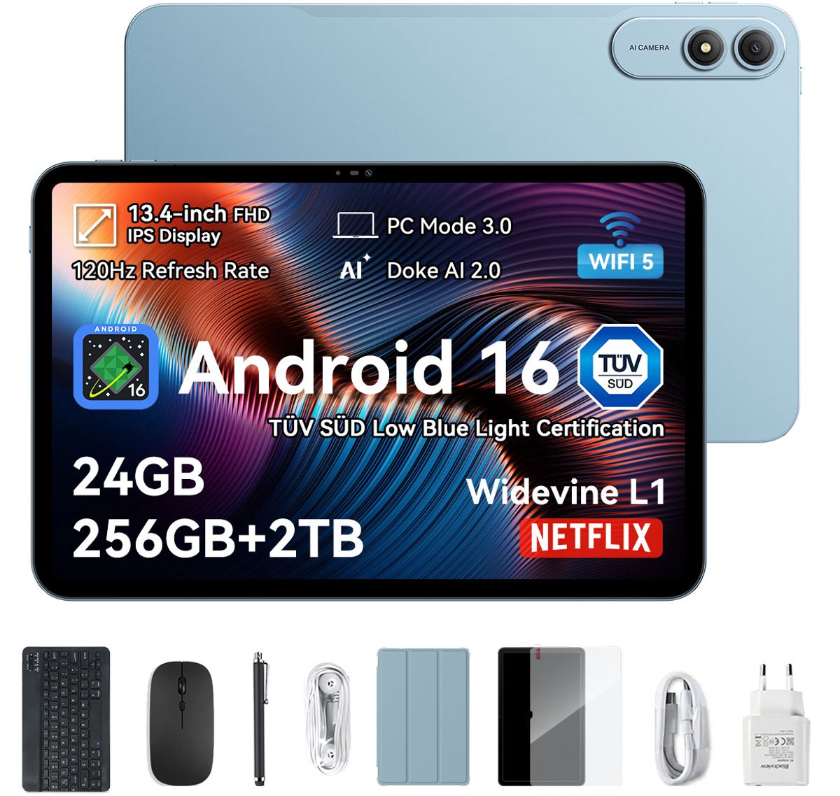 OSCAL Tablet - Pad 200 - AI Tablet - 8300mAh - 13.4 Inch Full HD - 24GB RAM - 256GB ROM - Android 16 - Met Toetsenbord(QWERTY), Beschermhoes, Muis, Stylus - Blauw (6931548326236)